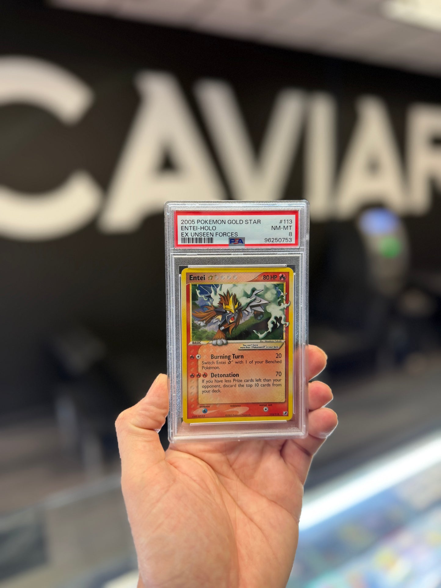 2005 Pokemon TCG Entei Star Gold Star Holo EX Unseen Forces 113/115 PSA 8